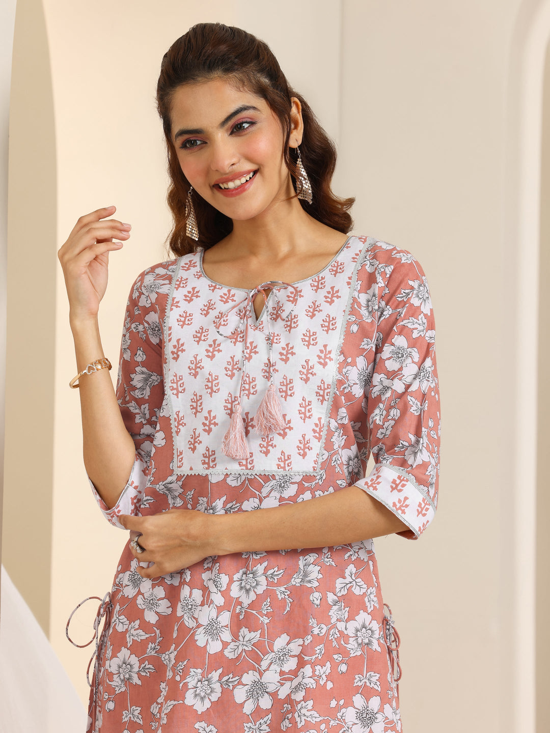  Peach Printed Cotton Straight Suit Set With Dupatta 