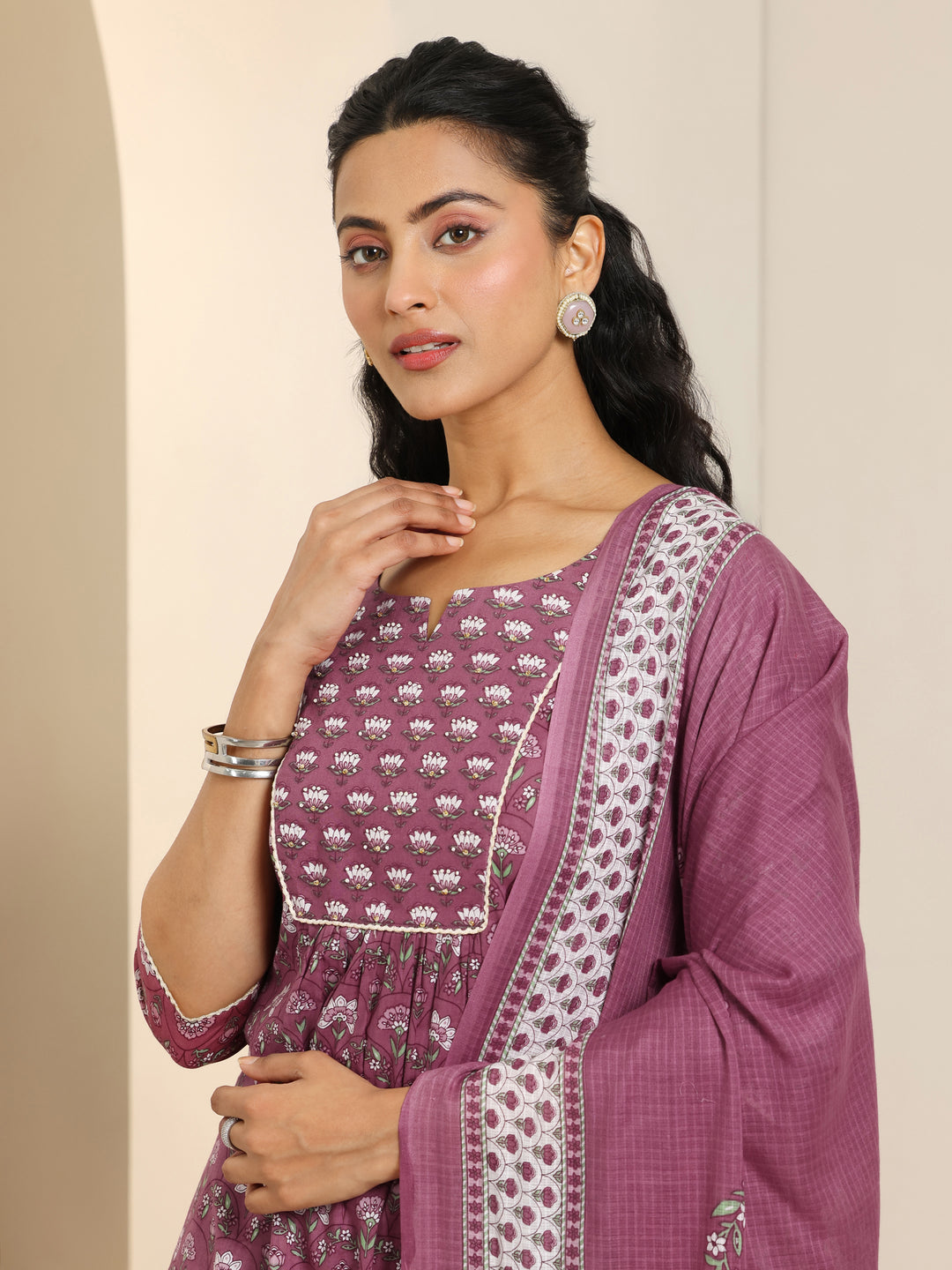  Mauve Printed Cotton Straight Suit Set With Dupatta 