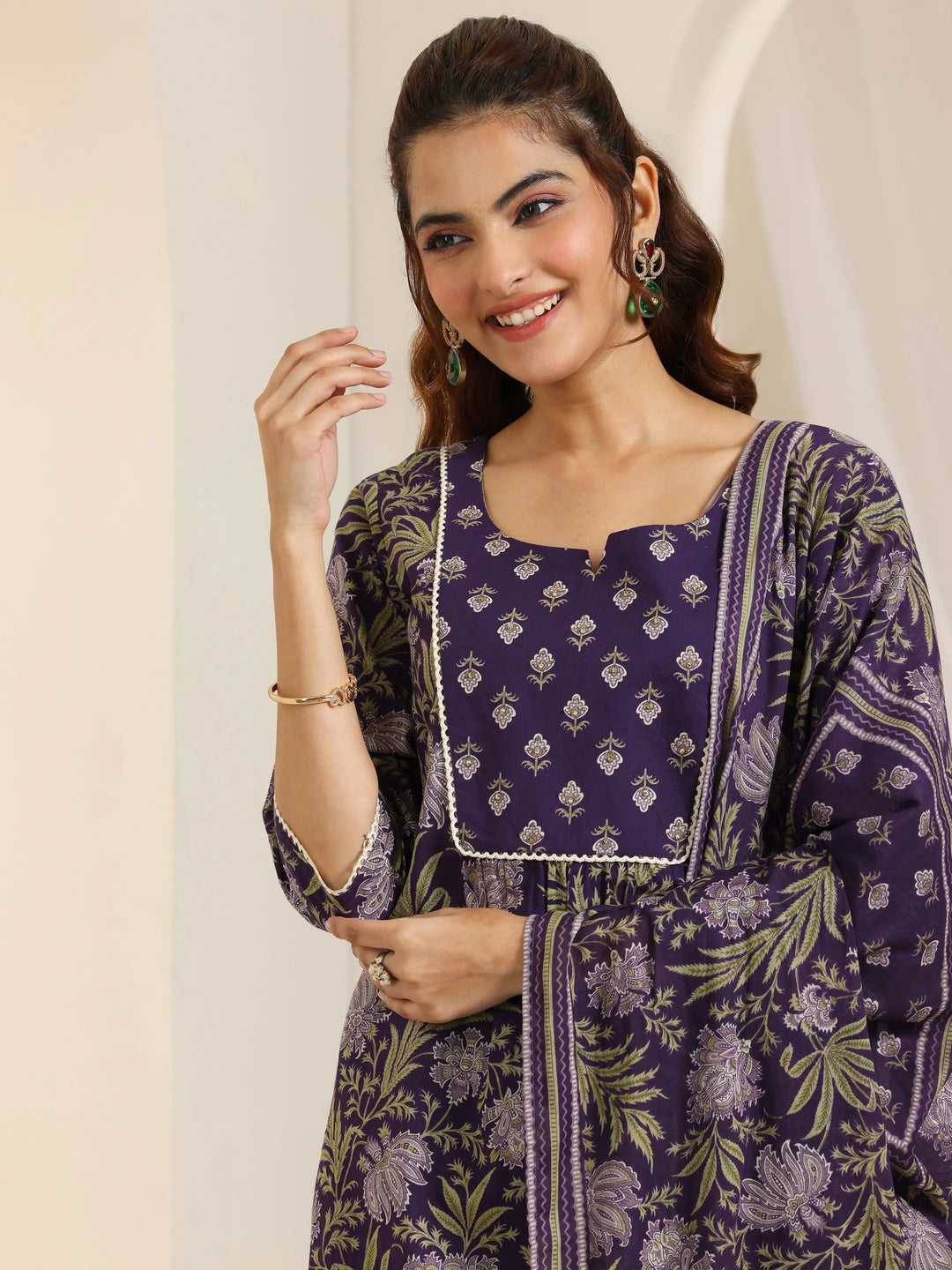  Purple Printed Cotton Straight Suit Set With Dupatta 