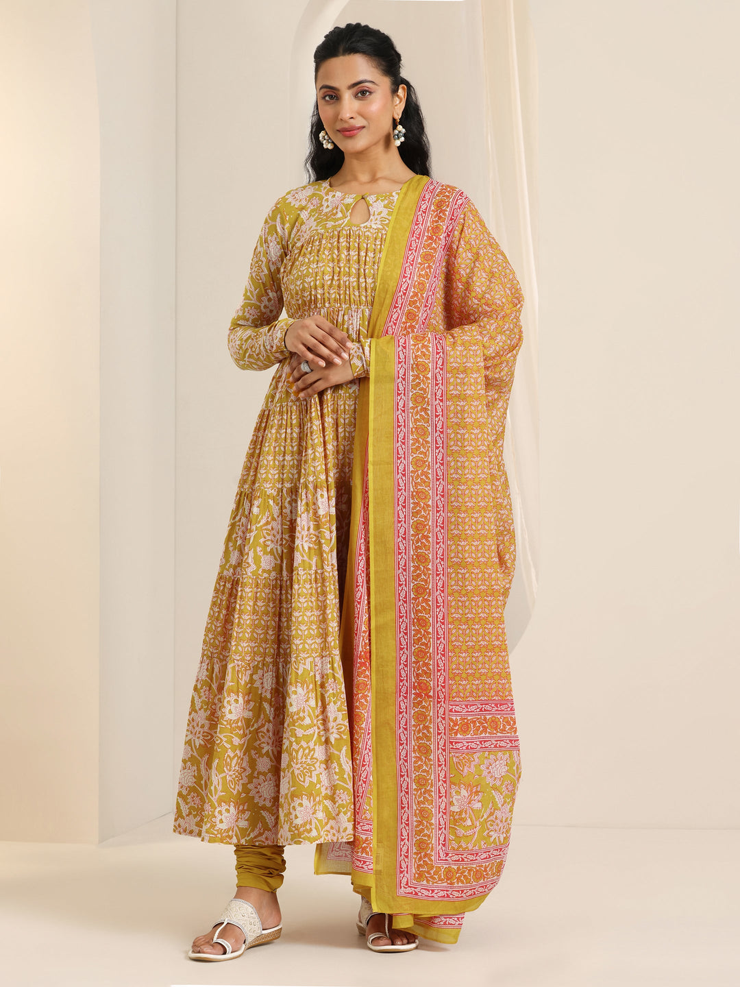  Mustard Printed Cotton Anarkali Suit Set With Dupatta 