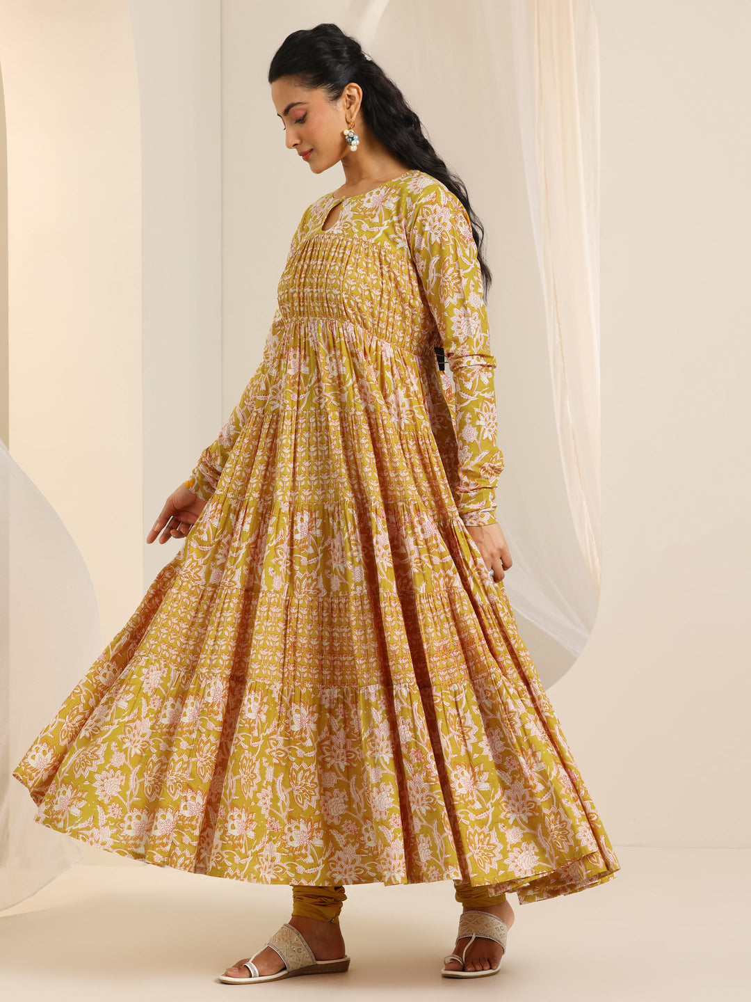  Mustard Printed Cotton Anarkali Suit Set With Dupatta 