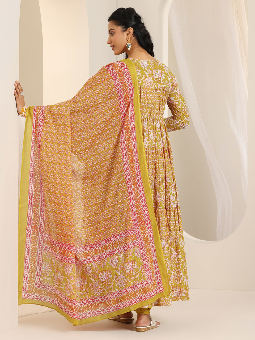  Mustard Printed Cotton Anarkali Suit Set With Dupatta 