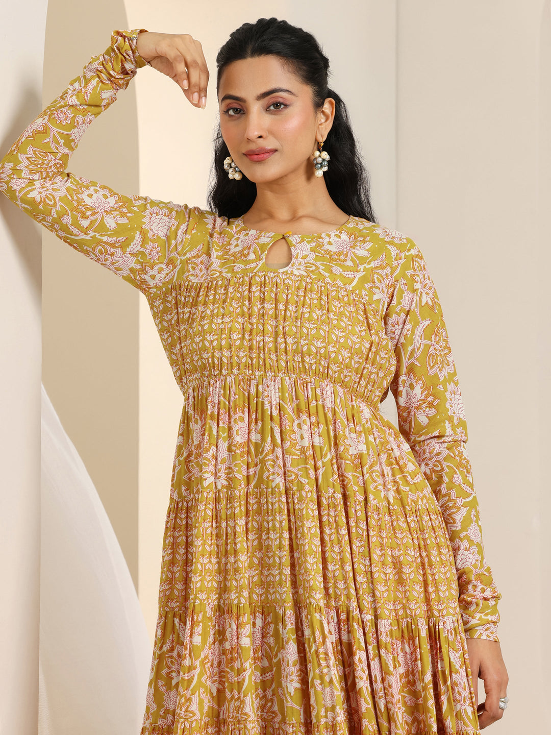  Mustard Printed Cotton Anarkali Suit Set With Dupatta 