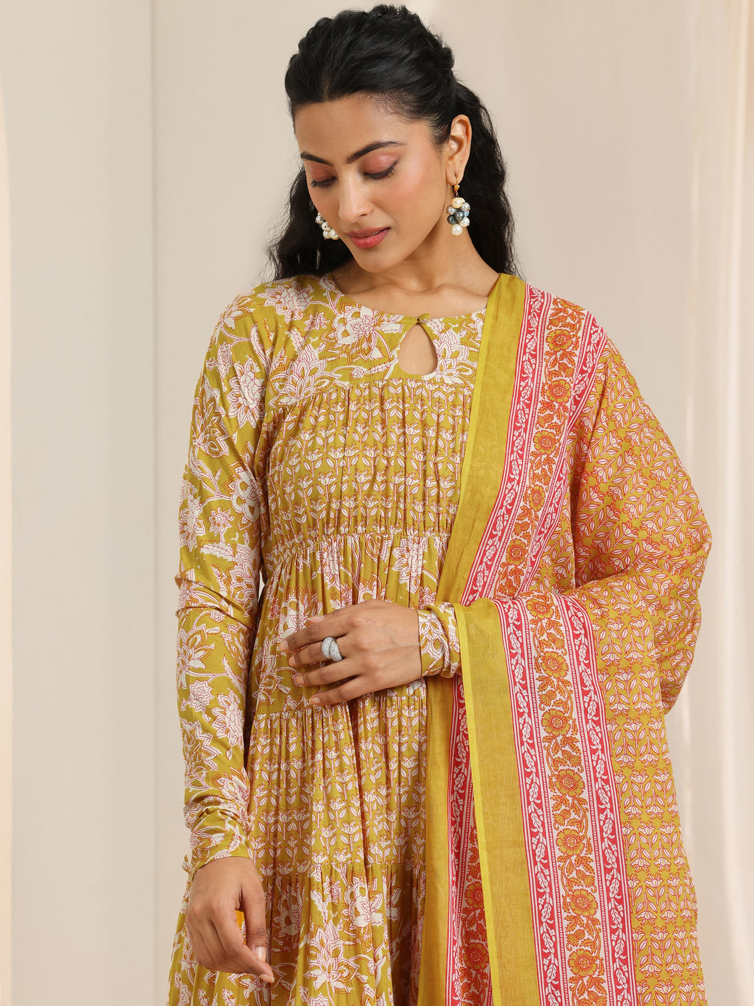  Mustard Printed Cotton Anarkali Suit Set With Dupatta 