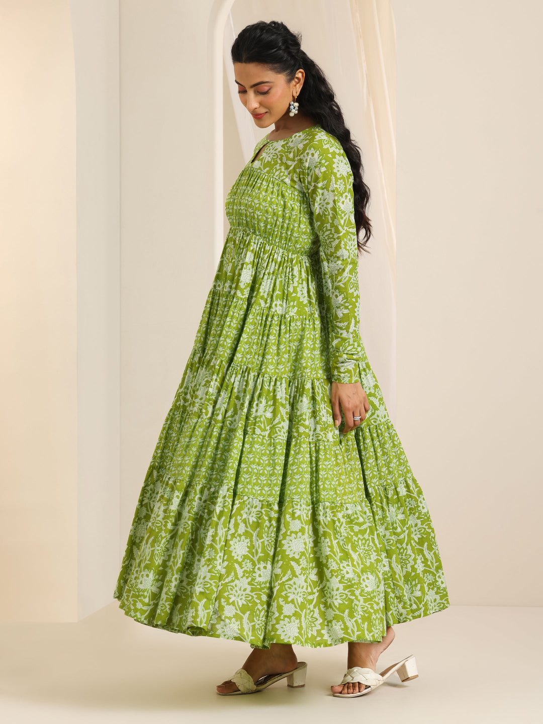  Green Printed Cotton Anarkali Suit Set With Dupatta 