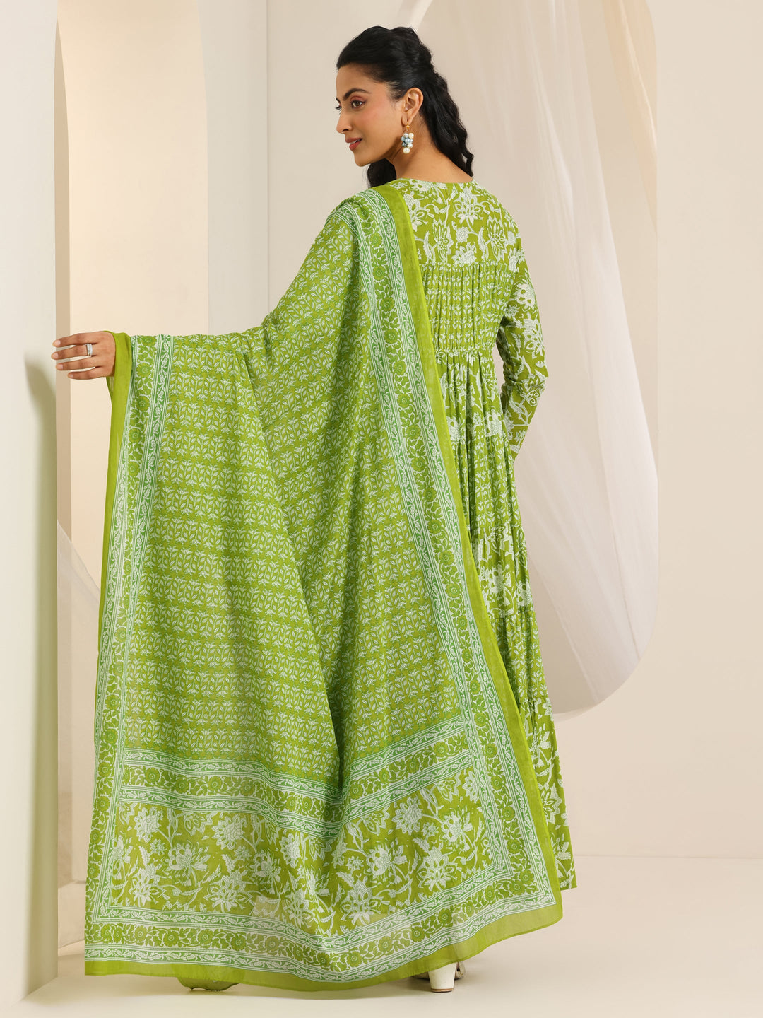  Green Printed Cotton Anarkali Suit Set With Dupatta 