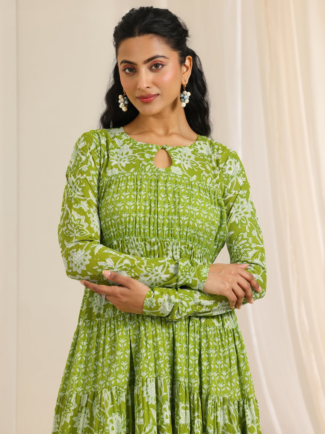  Green Printed Cotton Anarkali Suit Set With Dupatta 