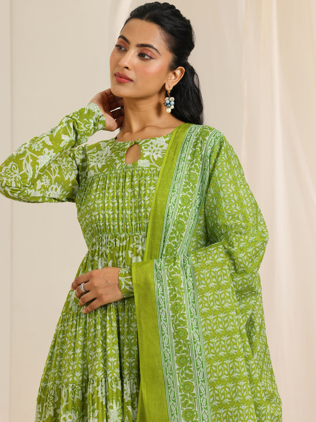  Green Printed Cotton Anarkali Suit Set With Dupatta 