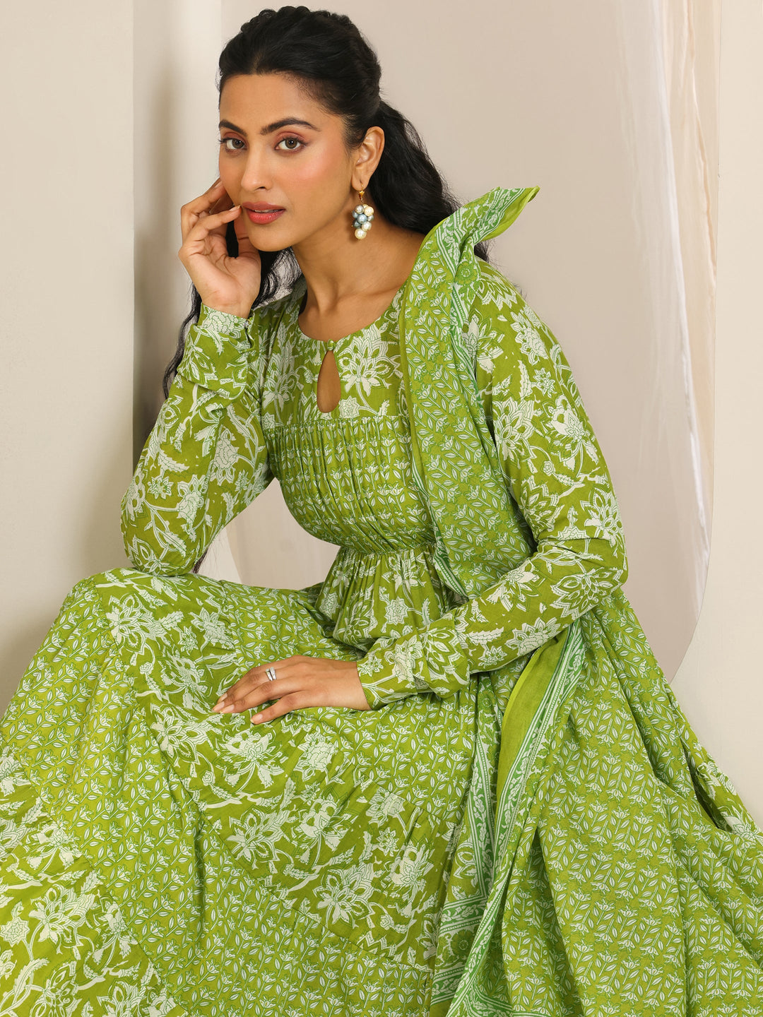  Green Printed Cotton Anarkali Suit Set With Dupatta 