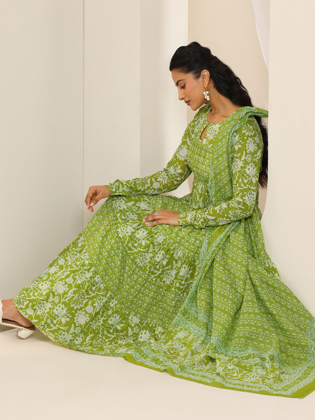  Green Printed Cotton Anarkali Suit Set With Dupatta 