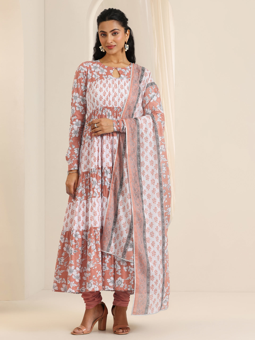  Peach Printed Cotton Anarkali Suit Set With Dupatta 