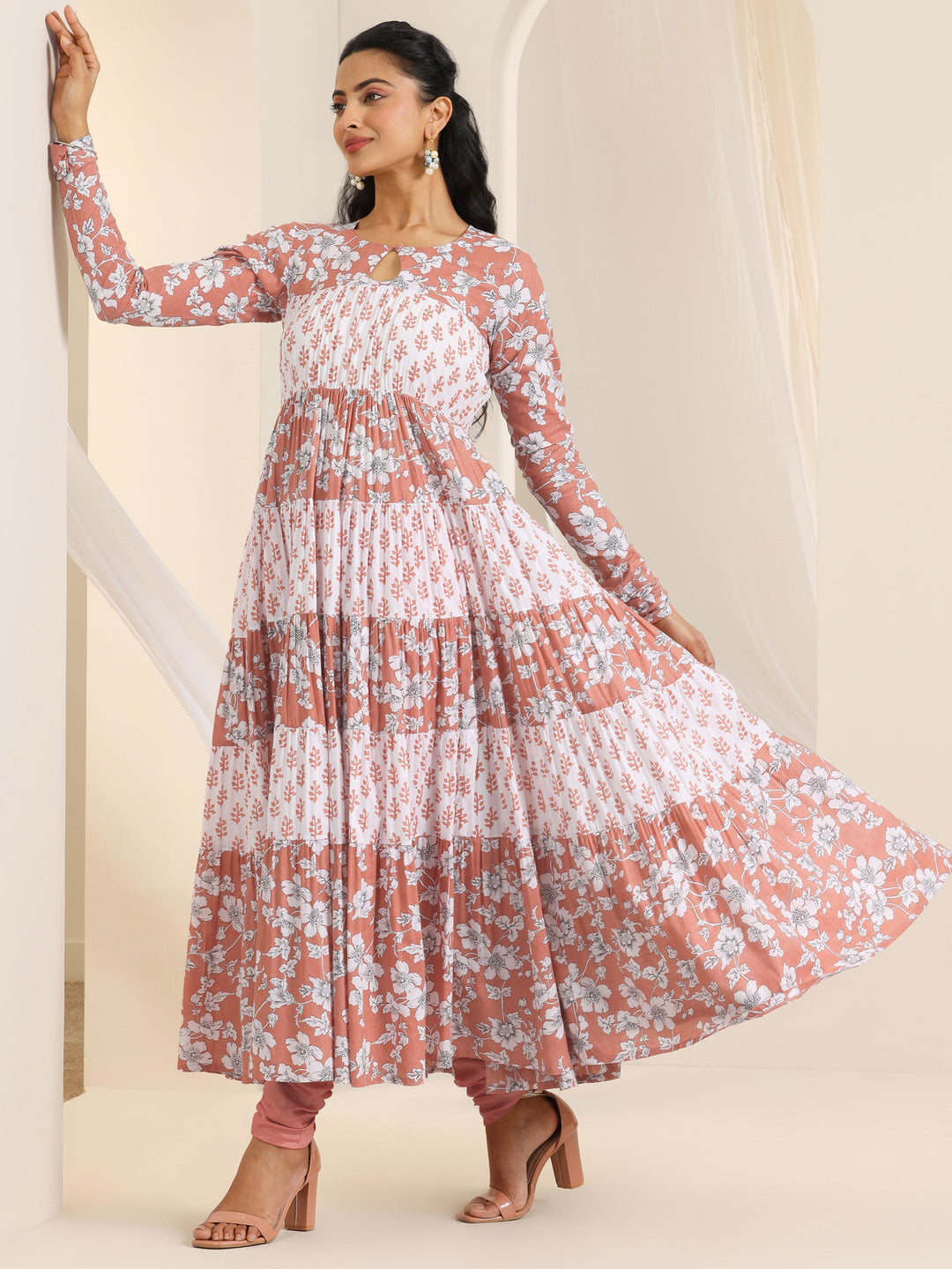  Peach Printed Cotton Anarkali Suit Set With Dupatta 