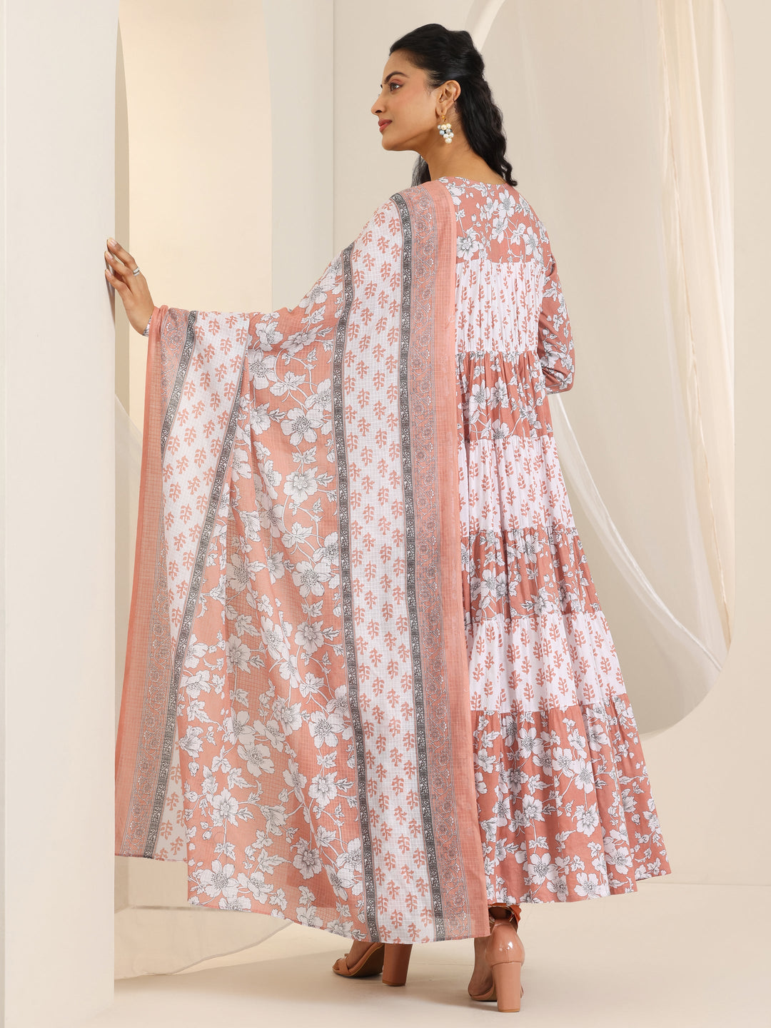  Peach Printed Cotton Anarkali Suit Set With Dupatta 