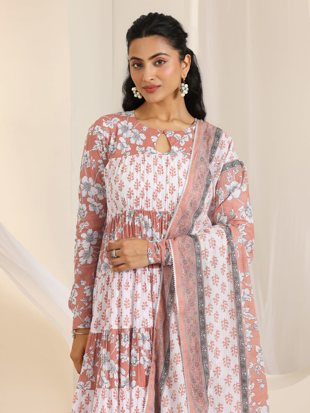  Peach Printed Cotton Anarkali Suit Set With Dupatta 