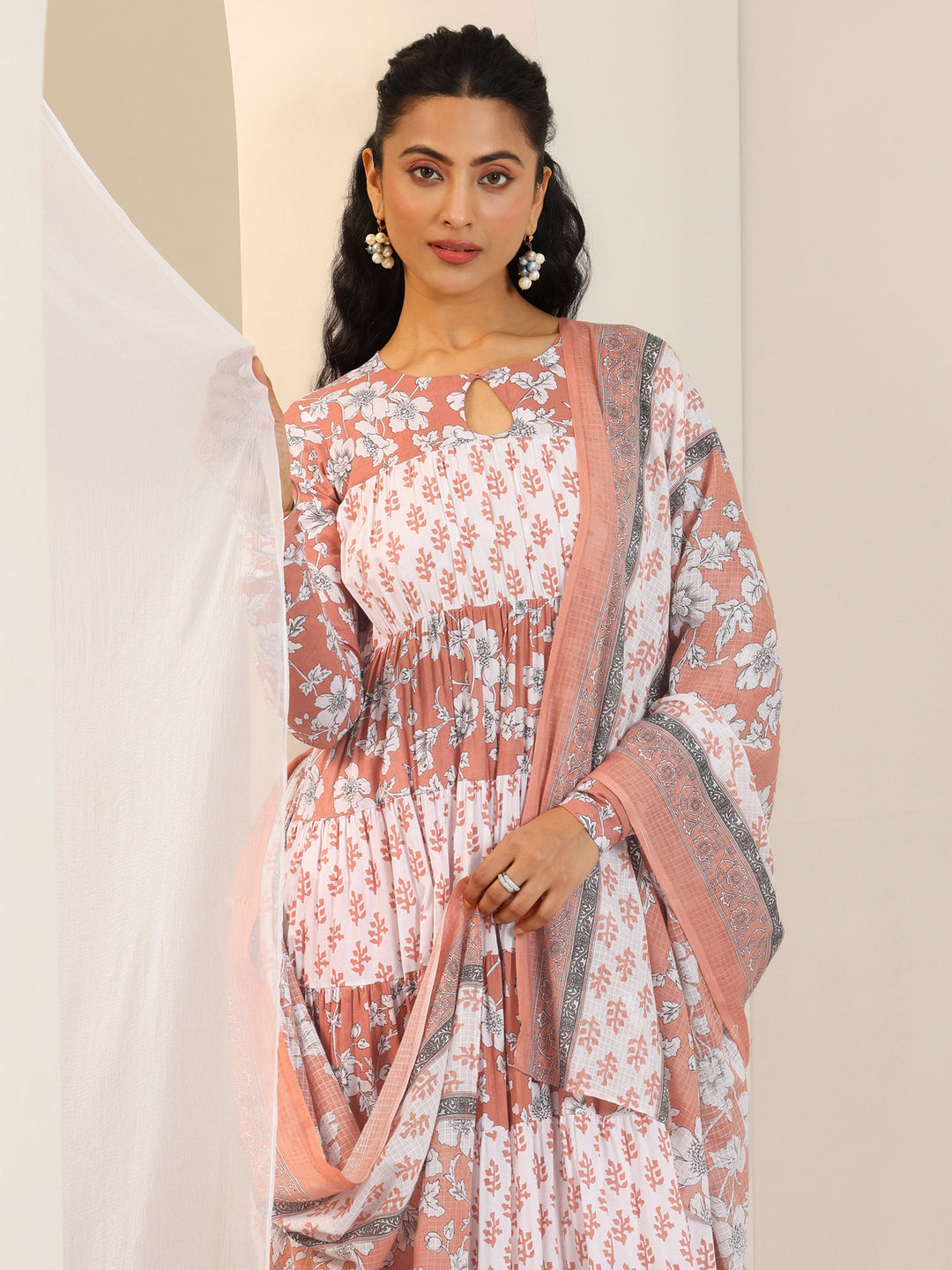  Peach Printed Cotton Anarkali Suit Set With Dupatta 