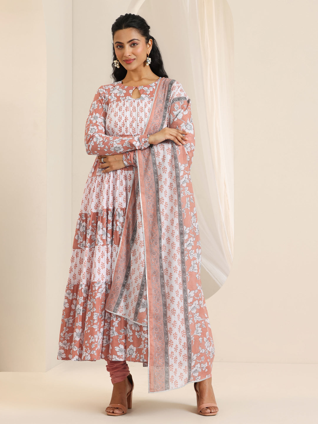  Peach Printed Cotton Anarkali Suit Set With Dupatta 
