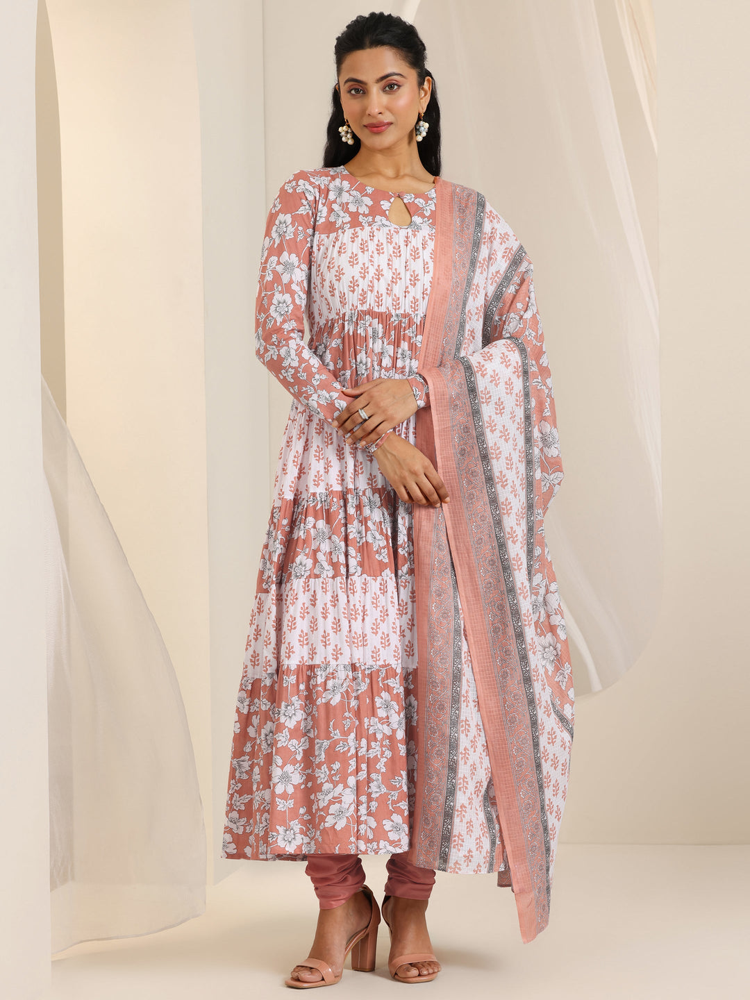  Peach Printed Cotton Anarkali Suit Set With Dupatta 