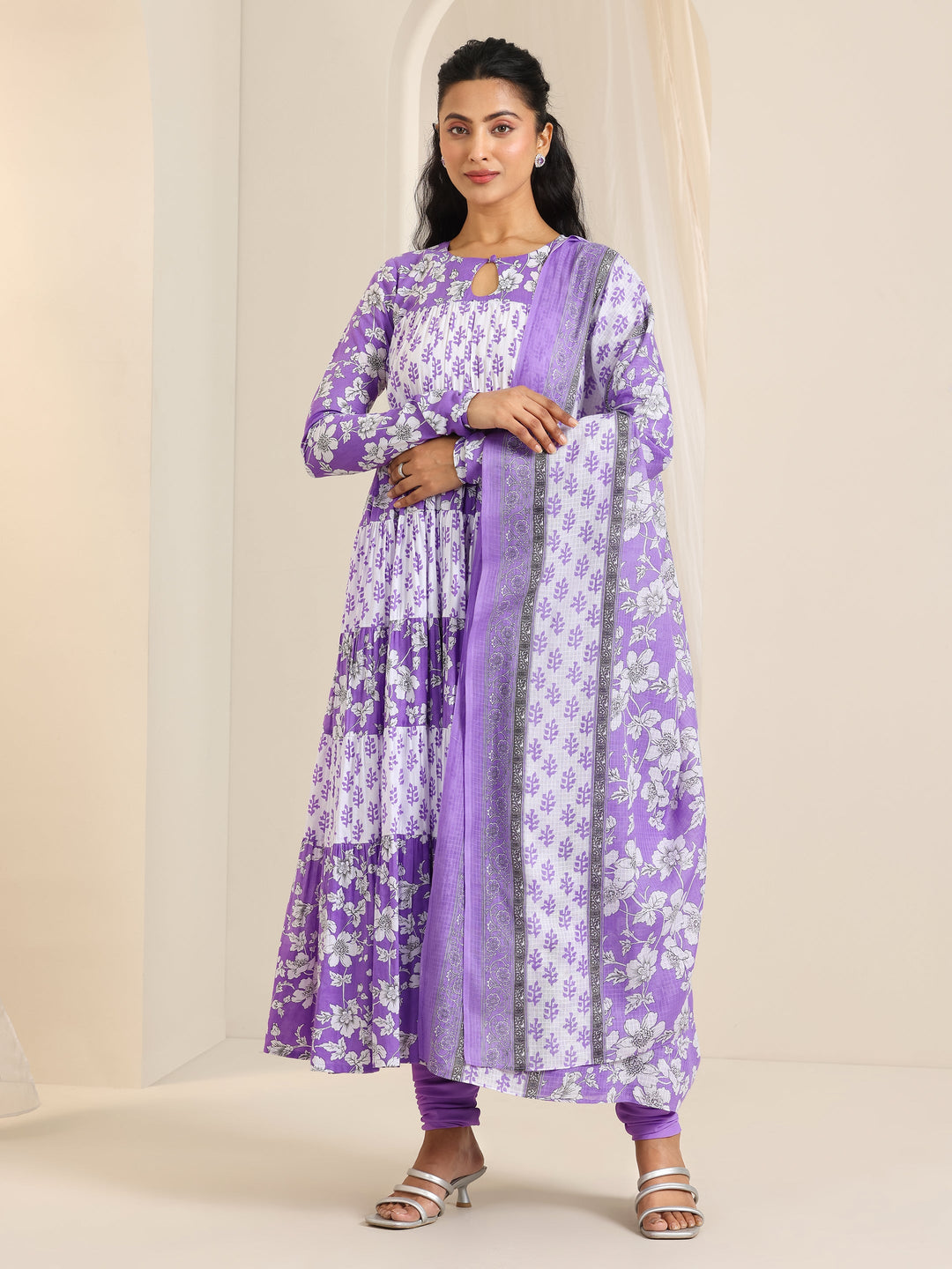  Purple Printed Cotton Anarkali Suit Set With Dupatta 