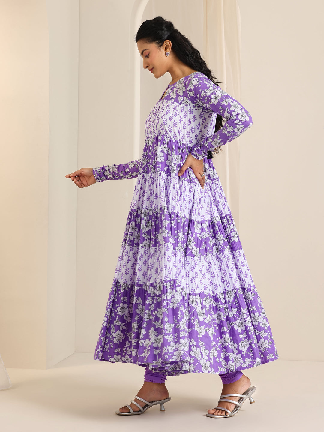  Purple Printed Cotton Anarkali Suit Set With Dupatta 