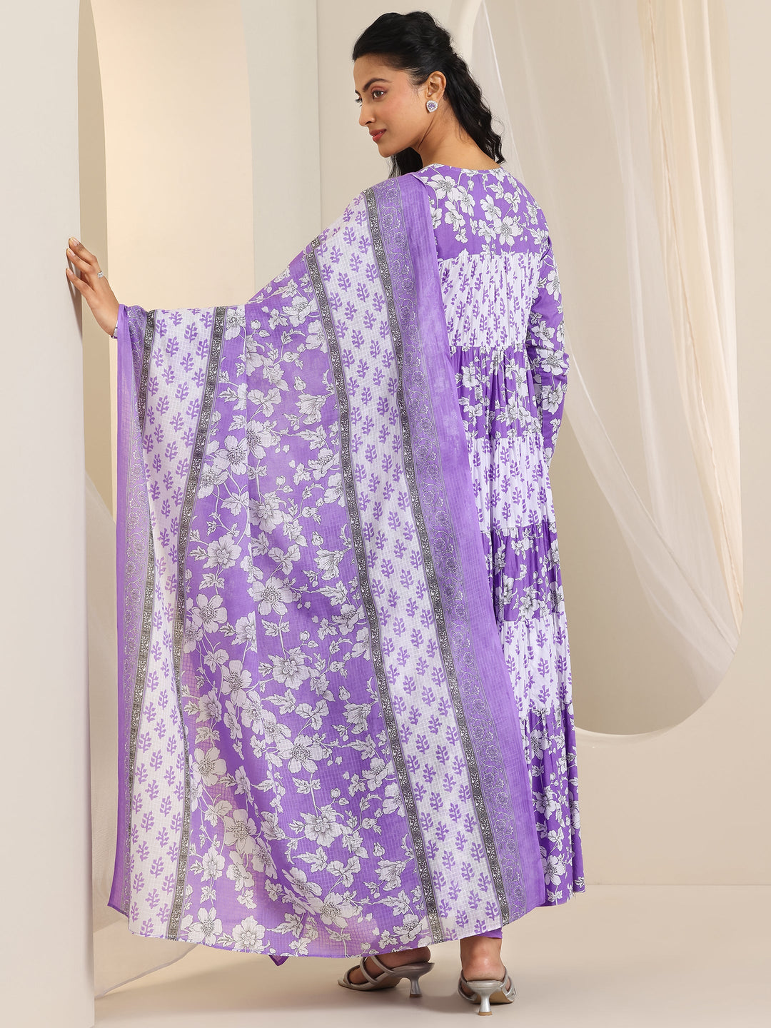  Purple Printed Cotton Anarkali Suit Set With Dupatta 