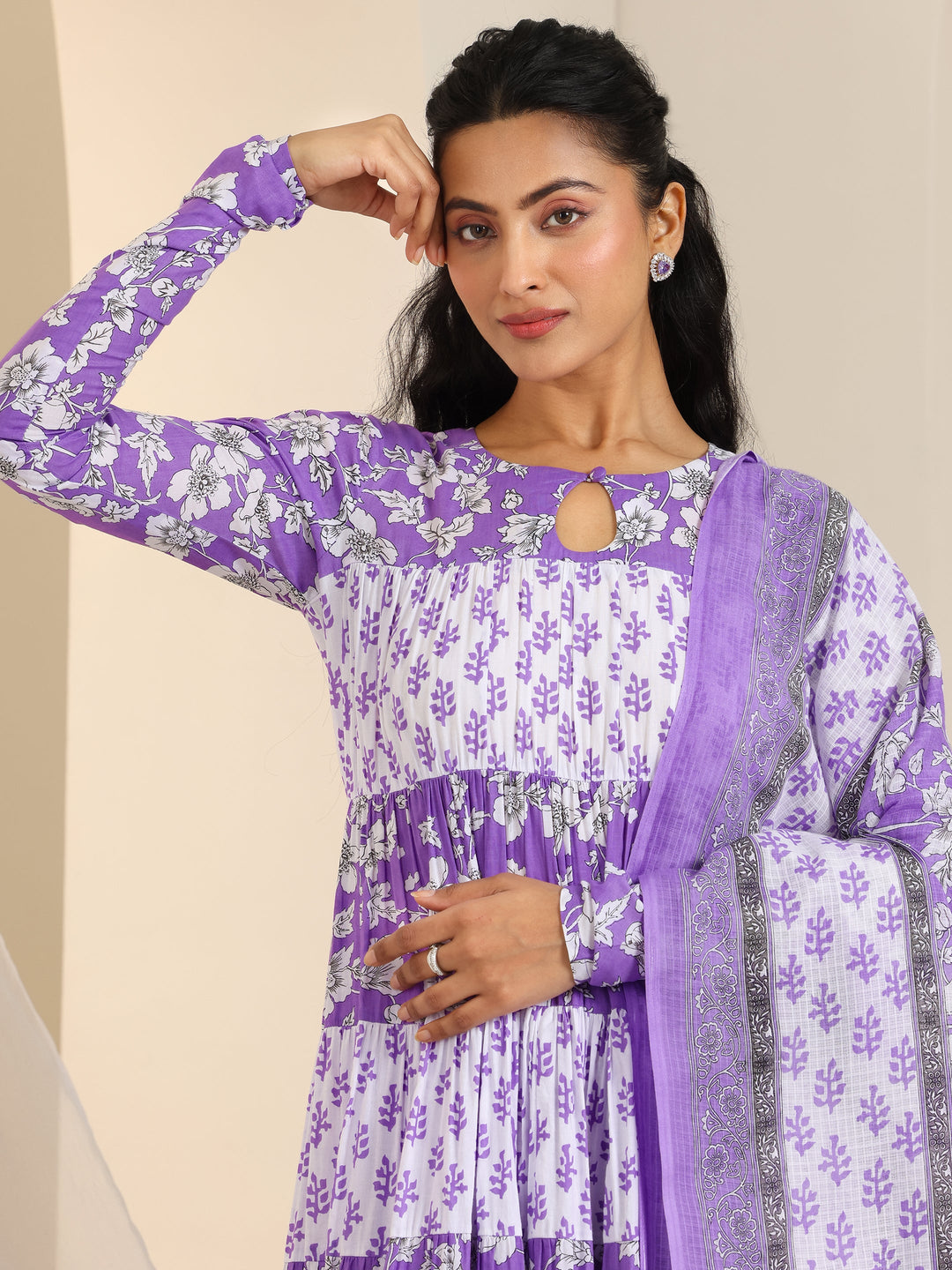  Purple Printed Cotton Anarkali Suit Set With Dupatta 