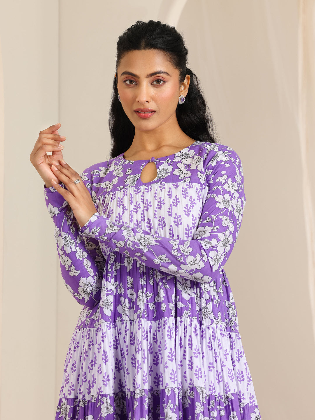  Purple Printed Cotton Anarkali Suit Set With Dupatta 