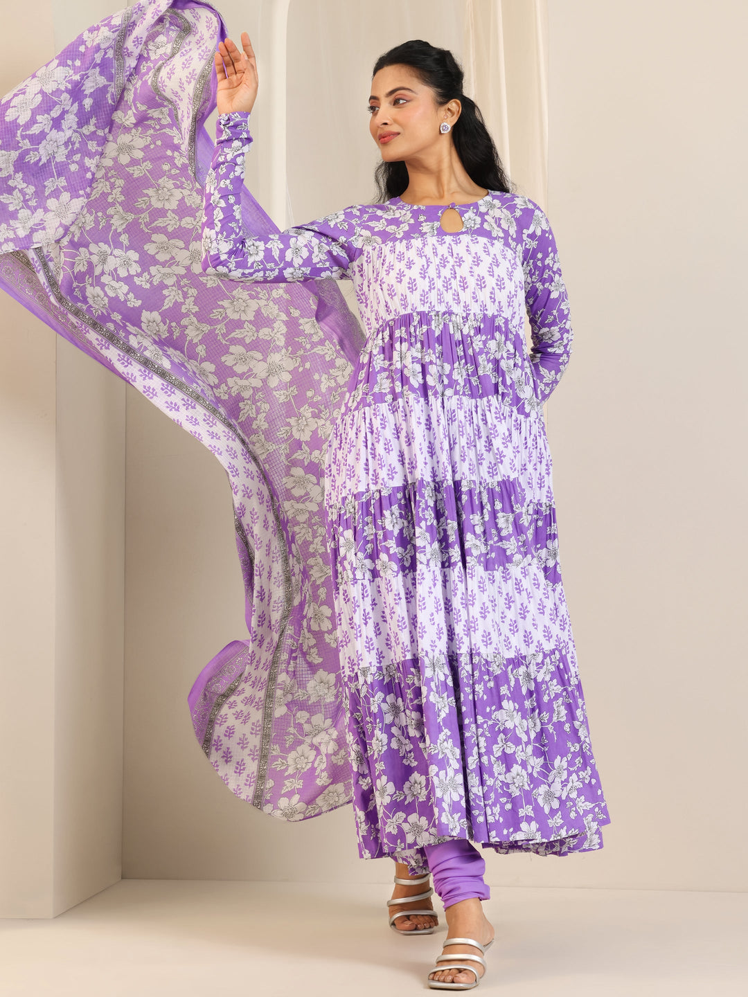  Purple Printed Cotton Anarkali Suit Set With Dupatta 