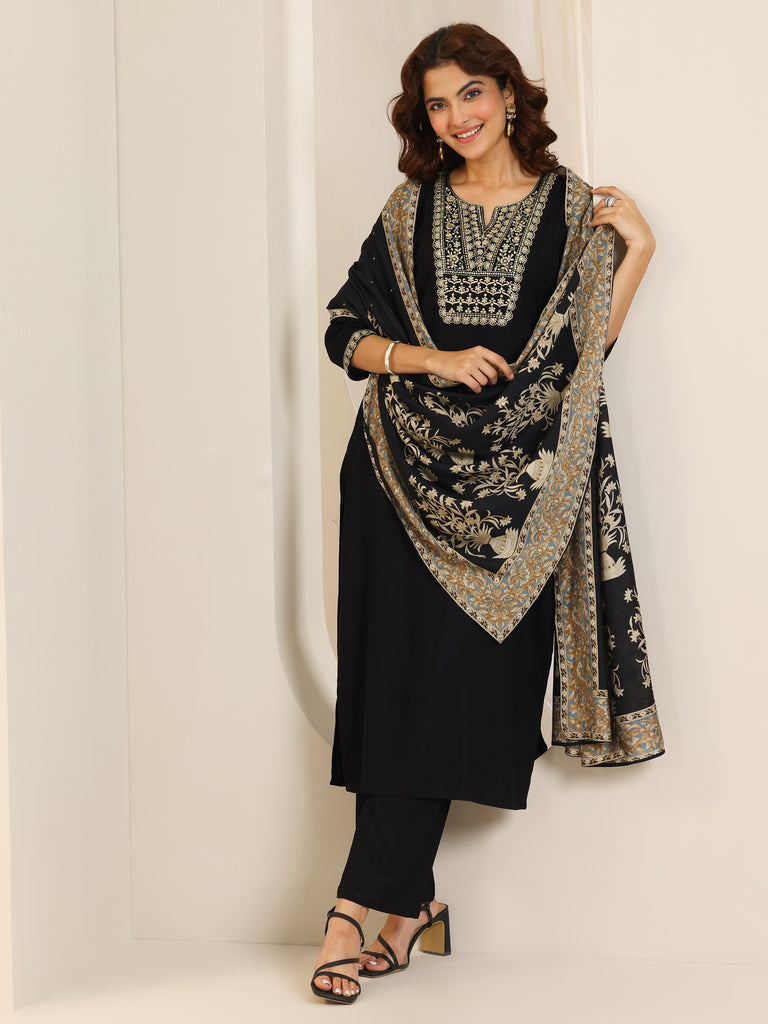 Libas Black Yoke Design Viscose Rayon Straight Suit Set With Dupatta