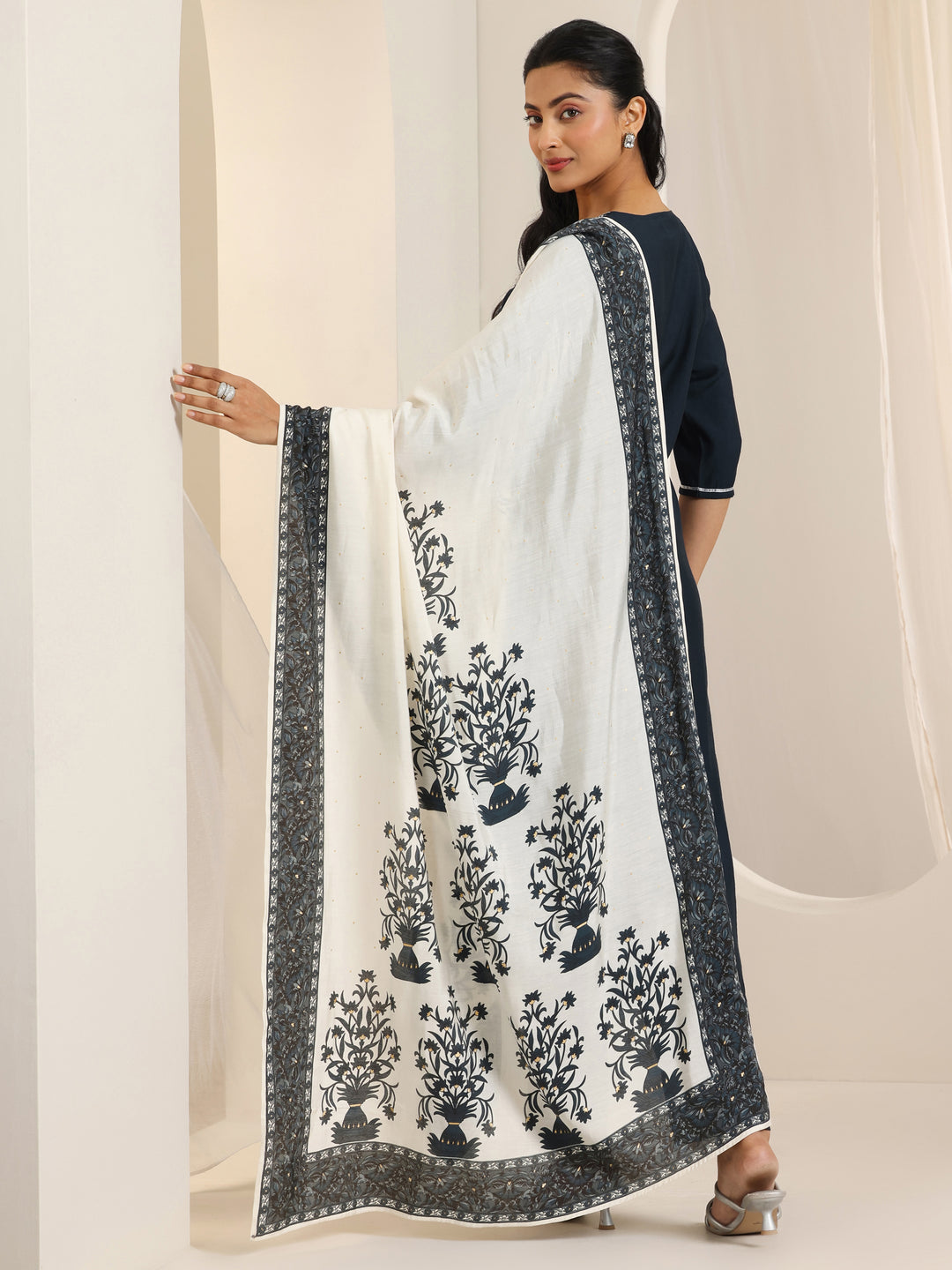  Dark Grey Yoke Design Viscose Rayon Straight Suit Set With Dupatta 