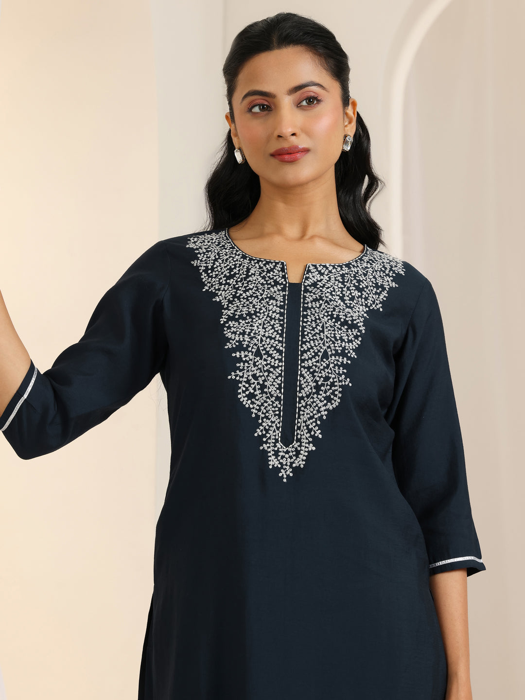  Dark Grey Yoke Design Viscose Rayon Straight Suit Set With Dupatta 