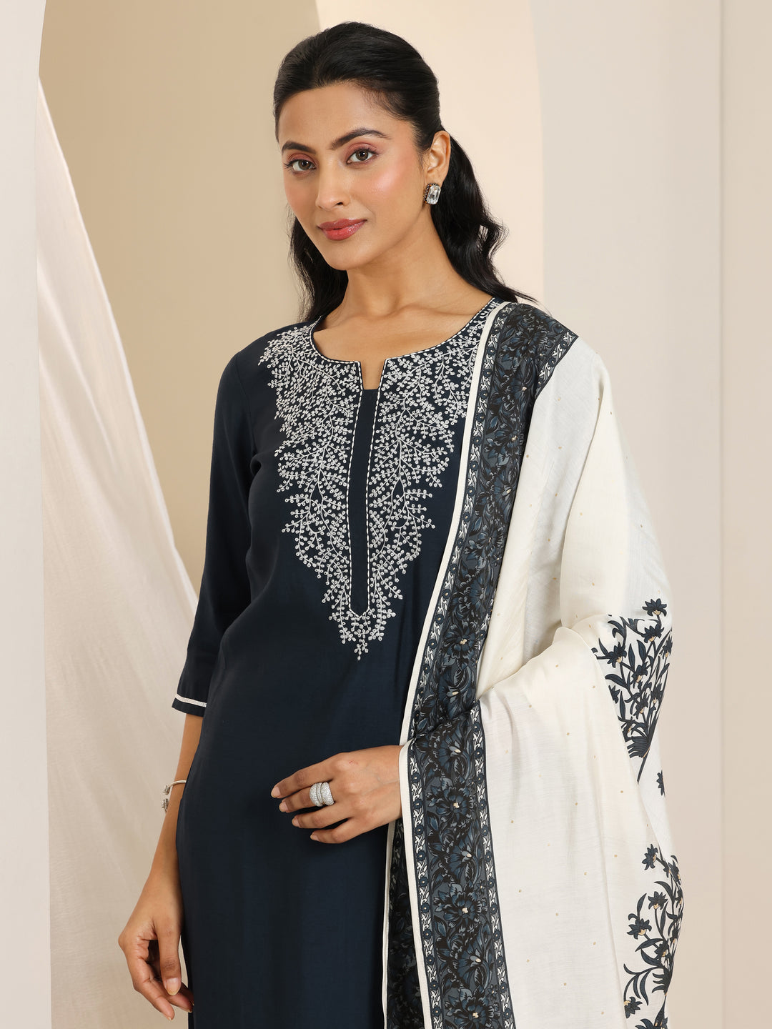  Dark Grey Yoke Design Viscose Rayon Straight Suit Set With Dupatta 