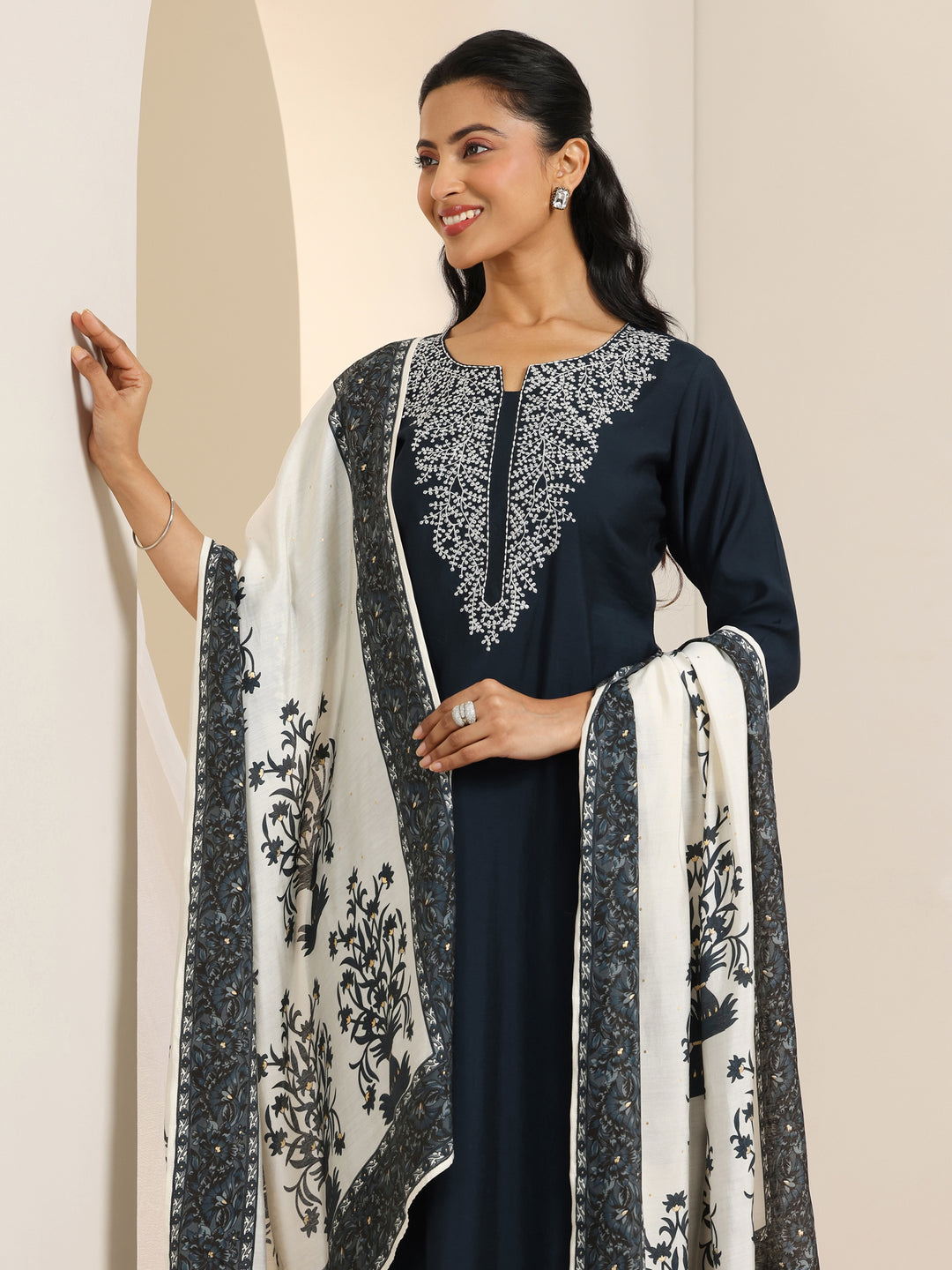  Dark Grey Yoke Design Viscose Rayon Straight Suit Set With Dupatta 