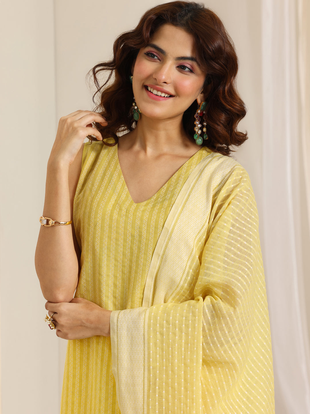  Yellow Woven Design Silk Blend Straight Suit Set With Dupatta 