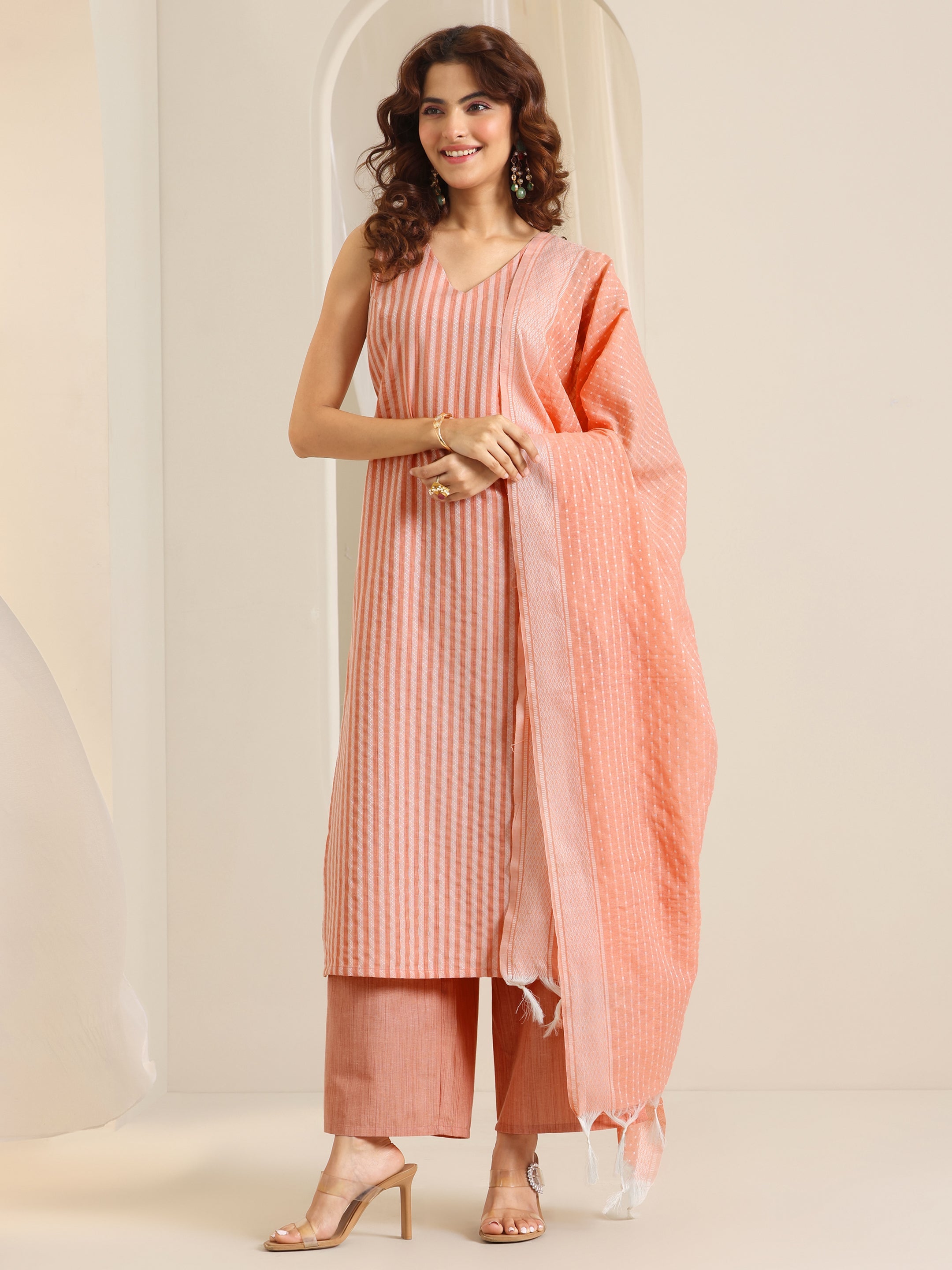 libas Peach Woven Design Cotton Blend Straight Suit Set With Dupatta-picture-55