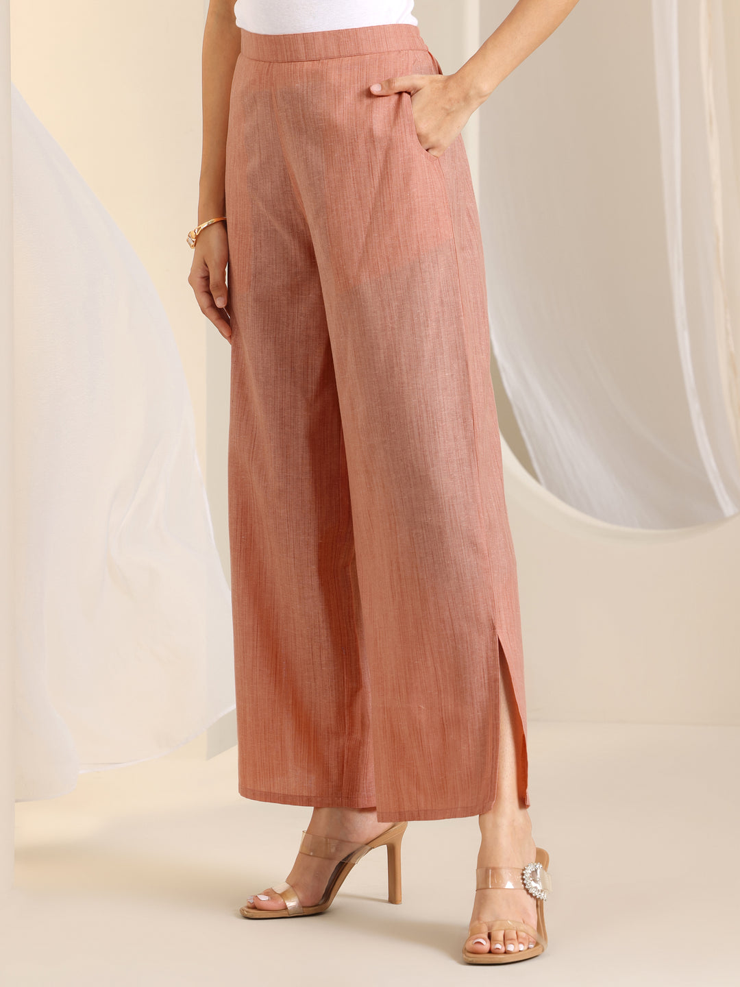  Peach Woven Design Cotton Blend Straight Suit Set With Dupatta 