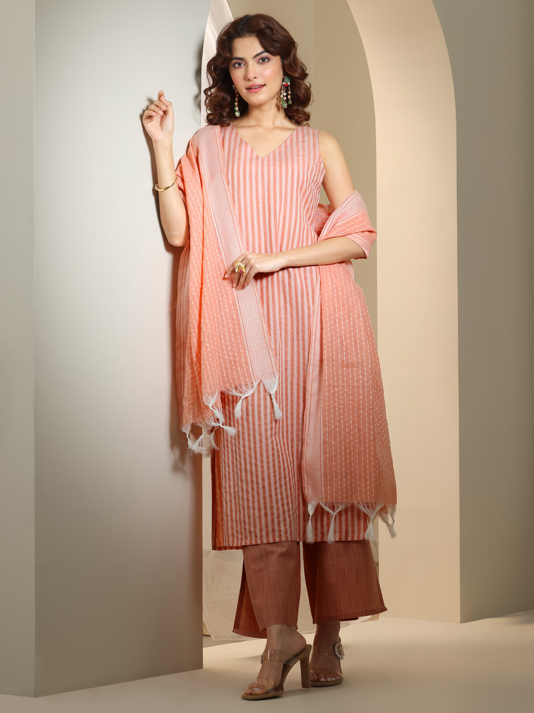 Peach Woven Design Cotton Blend Straight Suit Set With Dupatta 