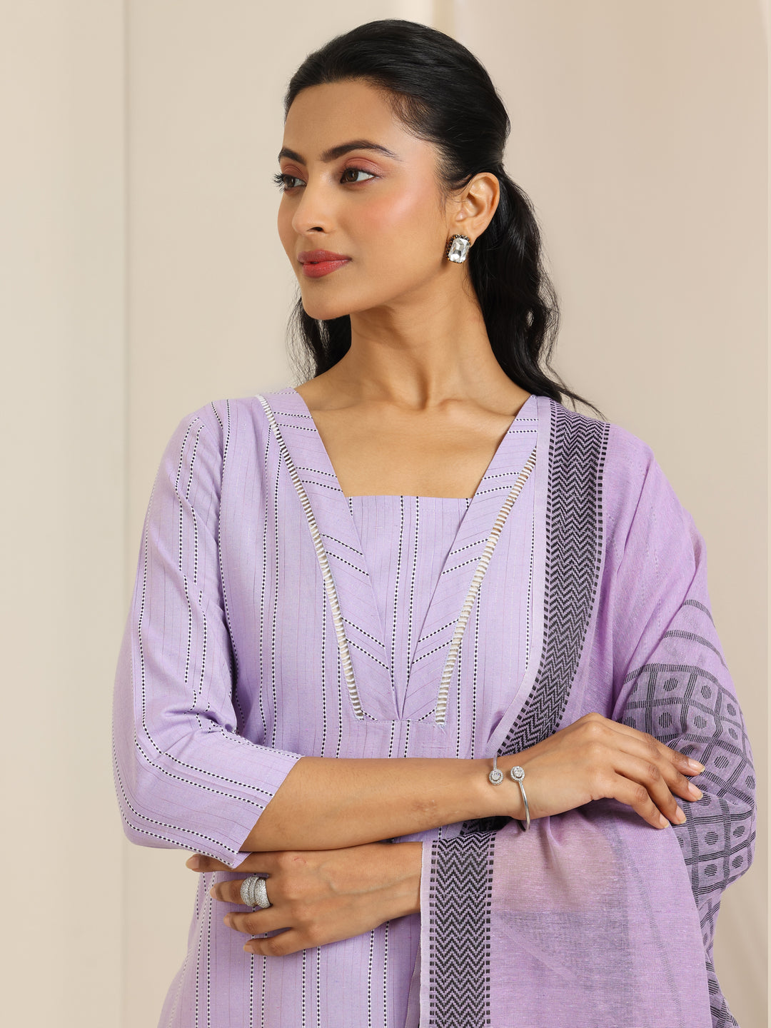  Lavender Woven Design Cotton Blend Straight Suit Set With Dupatta 