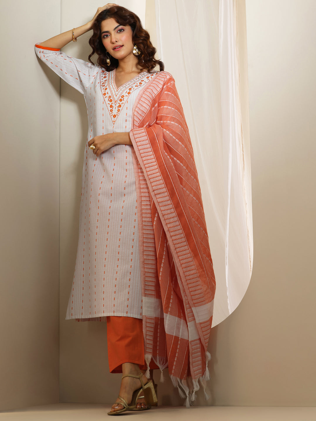  White Woven Design Cotton Blend Straight Suit Set With Dupatta 