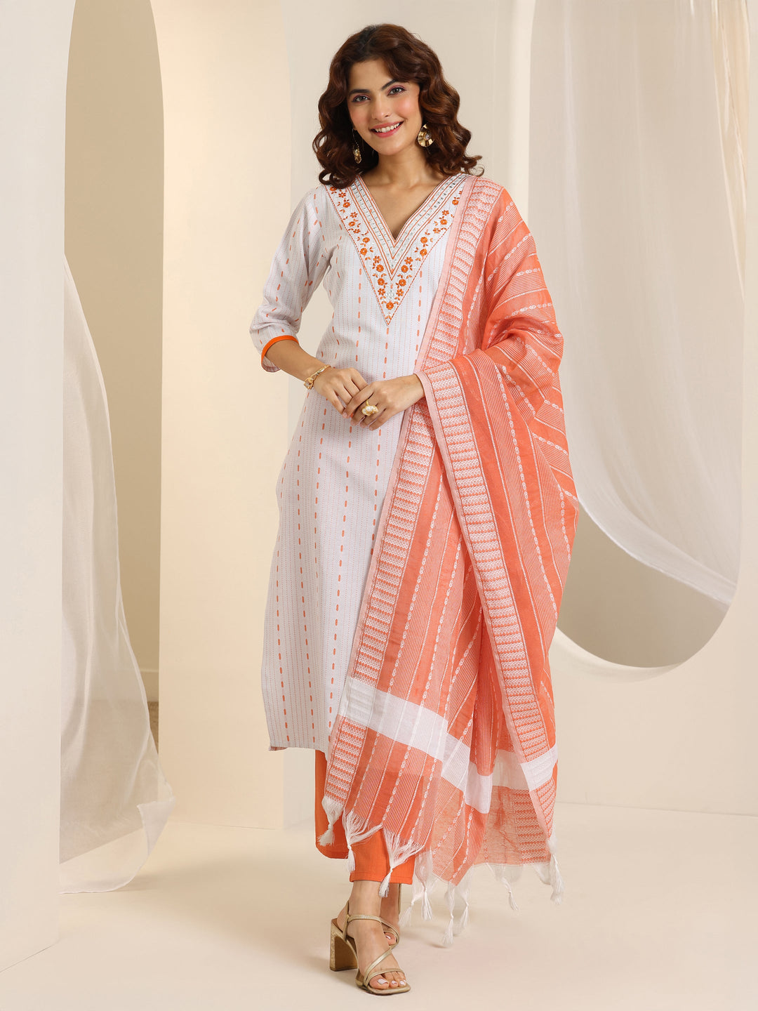  White Woven Design Cotton Blend Straight Suit Set With Dupatta 