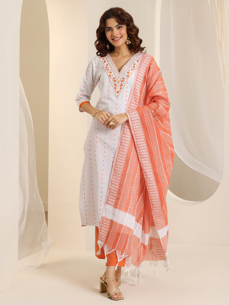 Libas White Woven Design Cotton Blend Straight Suit Set With Dupatta