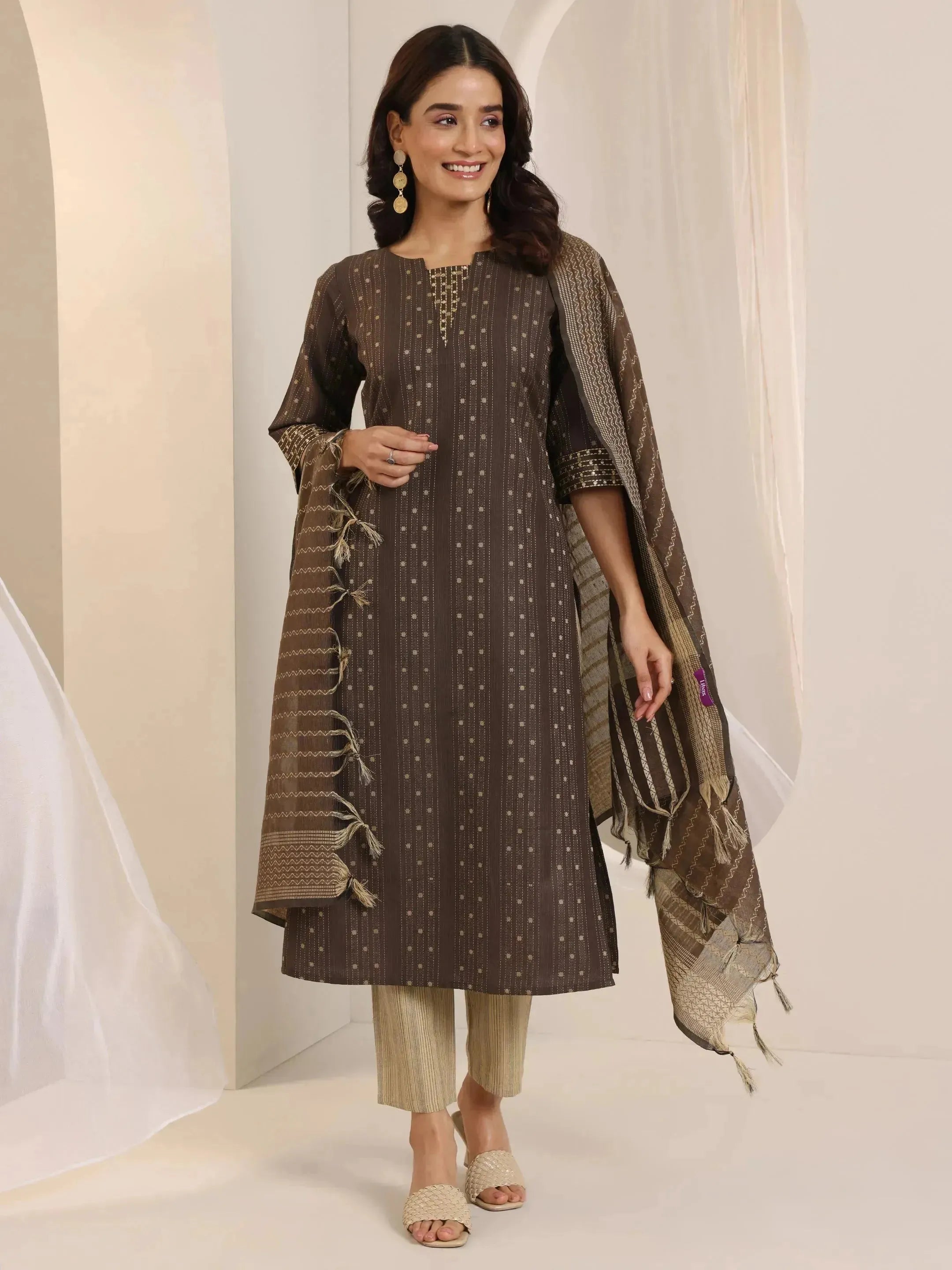 Brown Woven Design Cotton Blend Straight Suit Set With Dupatta-image-13
