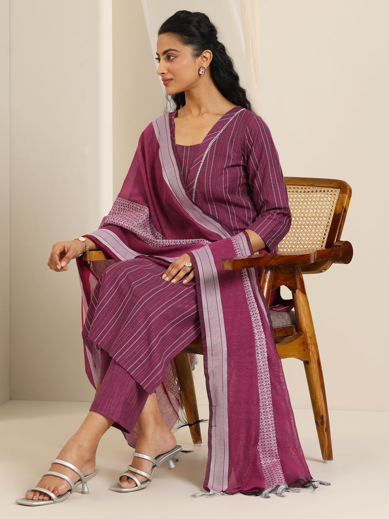 Libas Magenta Woven Design Cotton Blend Straight Suit Set With Dupatta
