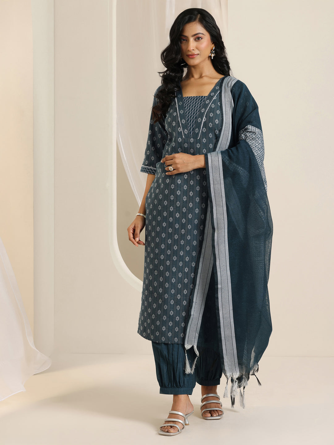  Teal Woven Design Cotton Blend Straight Suit Set With Dupatta 