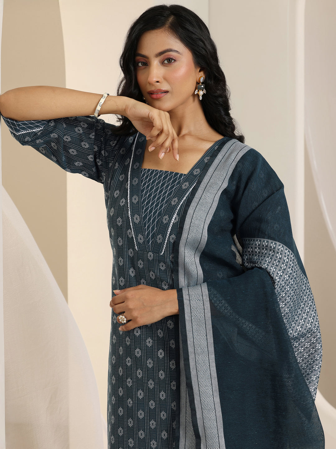  Teal Woven Design Cotton Blend Straight Suit Set With Dupatta 