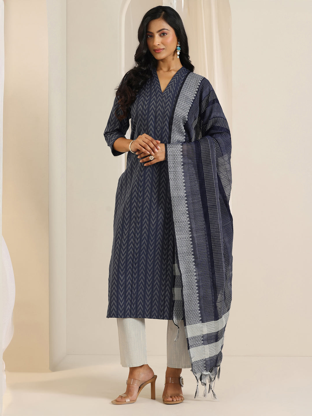  Blue Woven Design Cotton Blend Straight Suit Set With Dupatta 