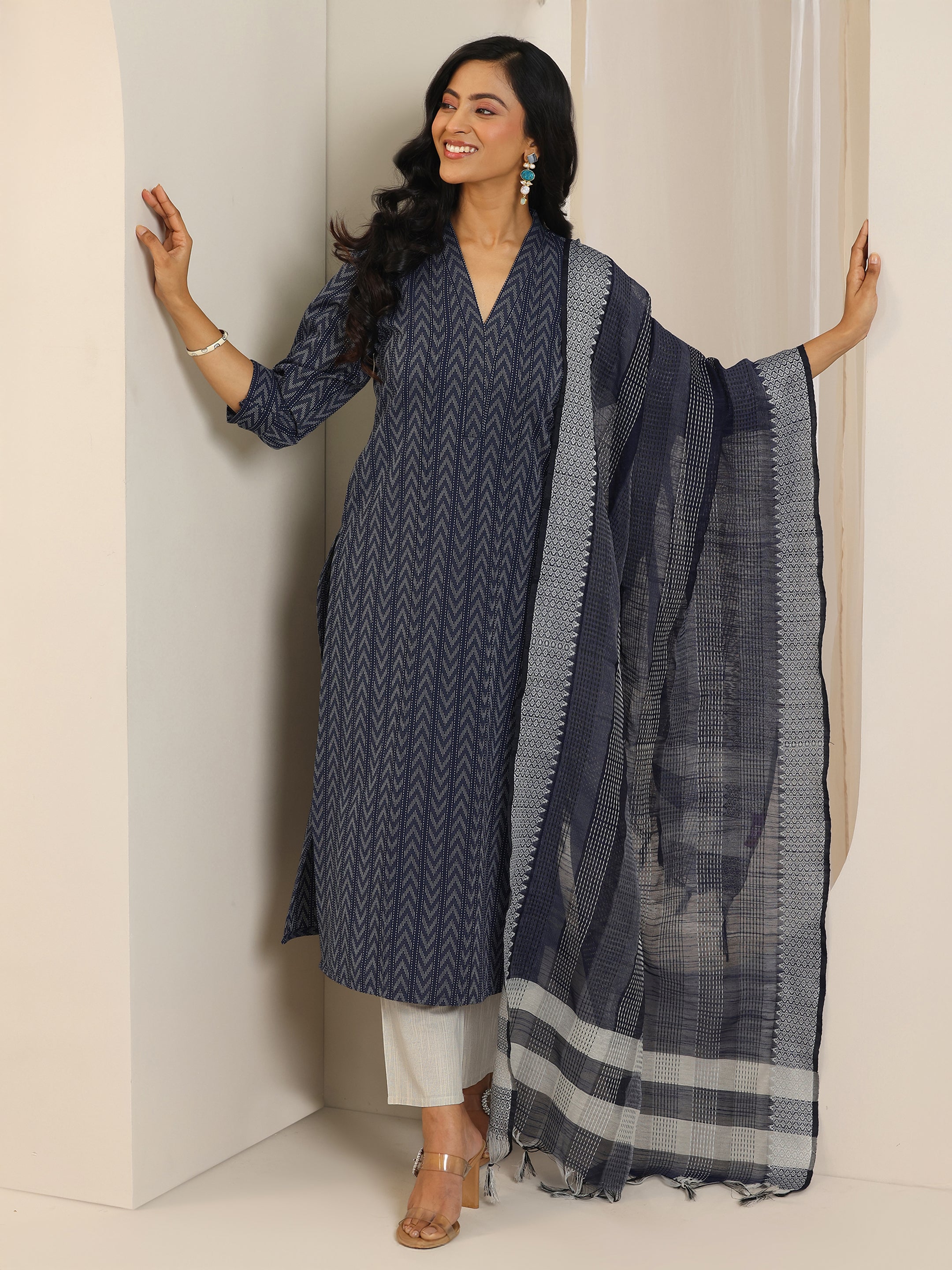 Blue Woven Design Cotton Blend Straight Suit Set With Dupatta-image-1