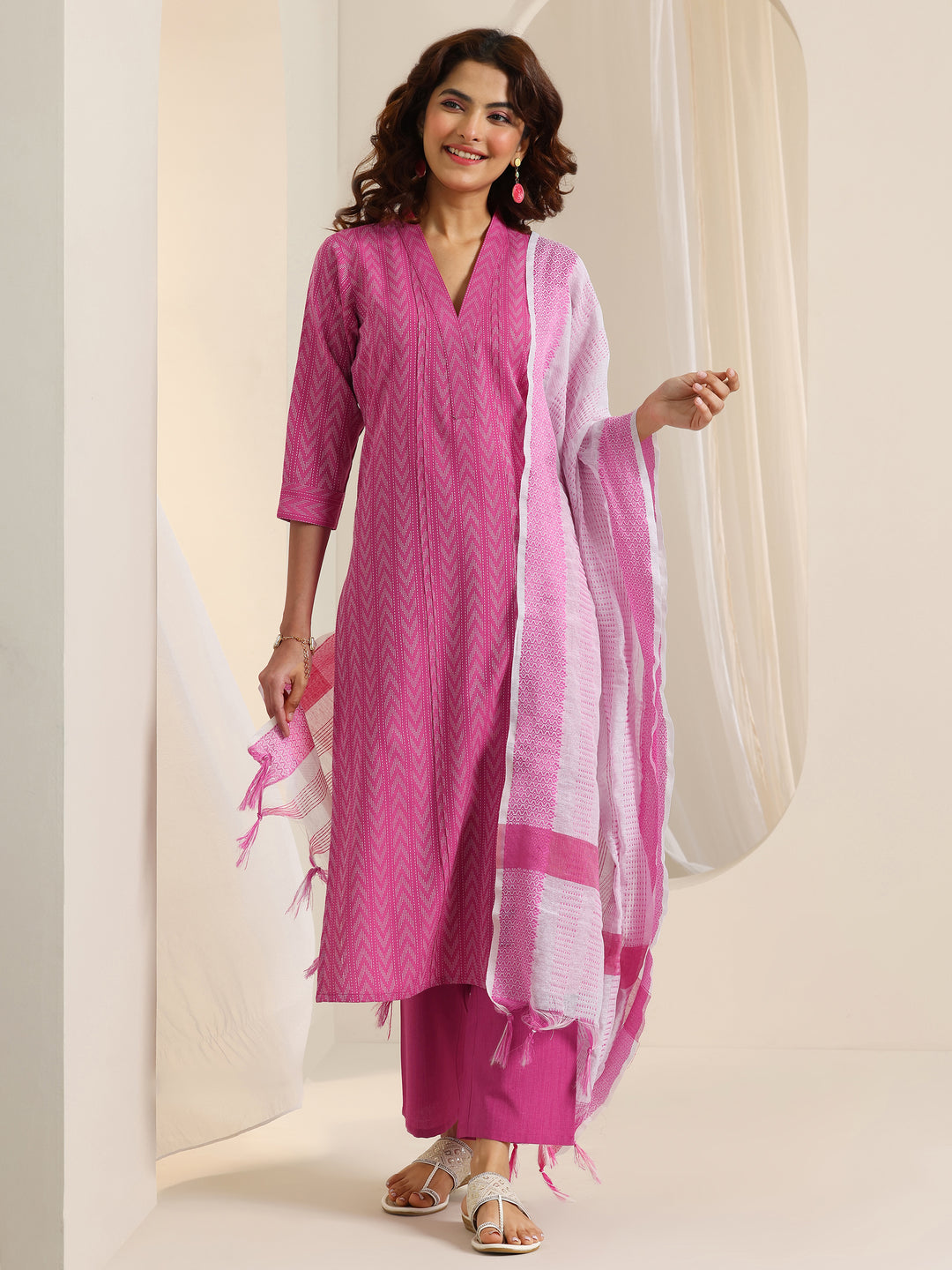  Pink Woven Design Cotton Blend Straight Suit Set With Dupatta 