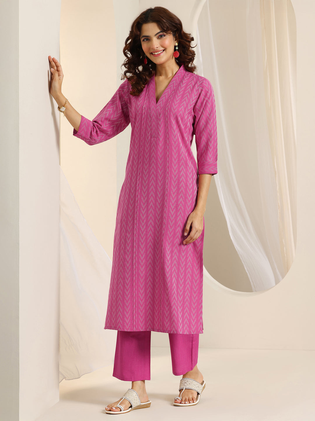  Pink Woven Design Cotton Blend Straight Suit Set With Dupatta 