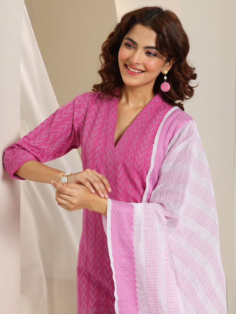 Gerua Pink Woven Design Cotton Blend Straight Suit Set With Dupatta