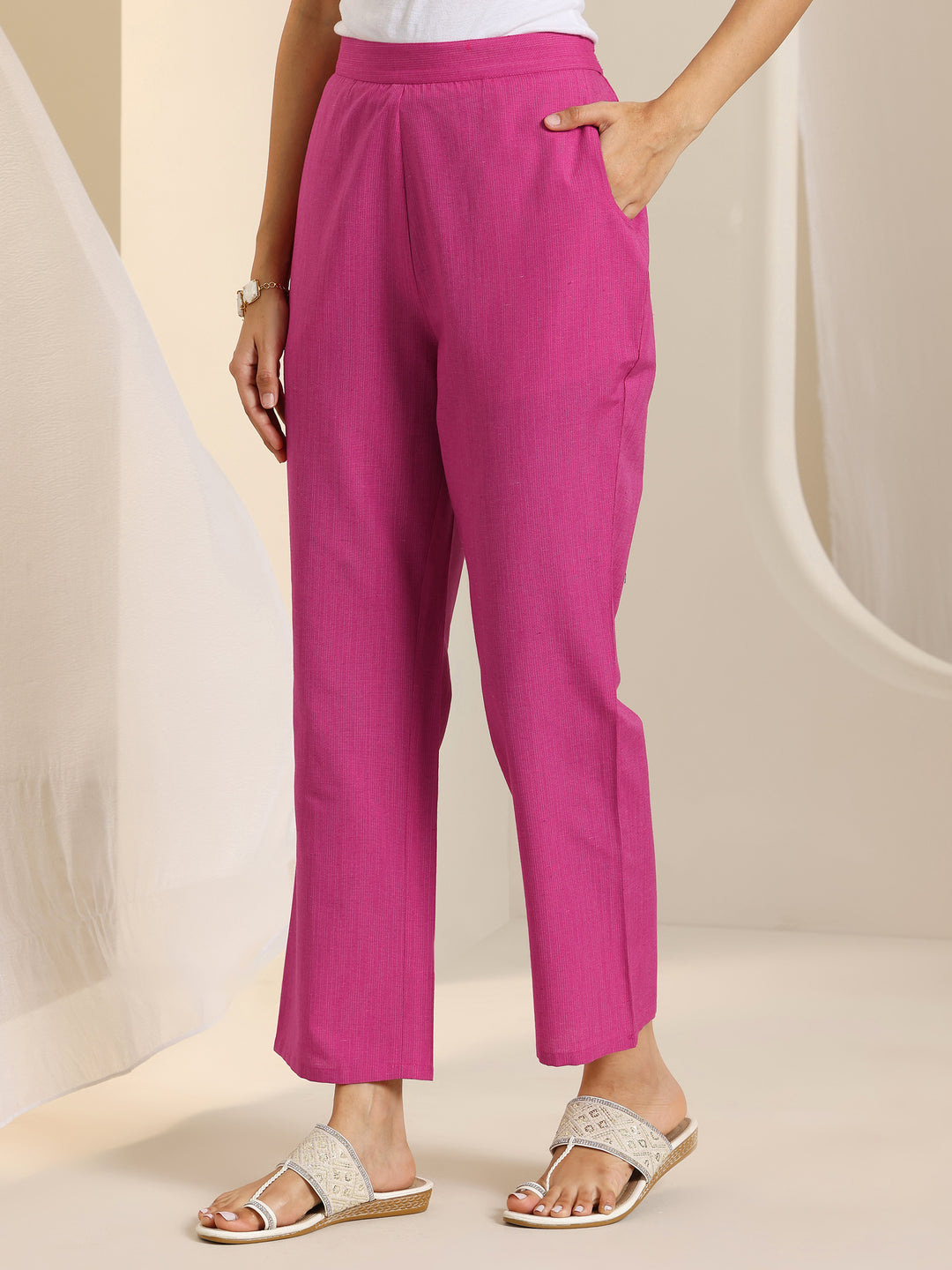  Pink Woven Design Cotton Blend Straight Suit Set With Dupatta 